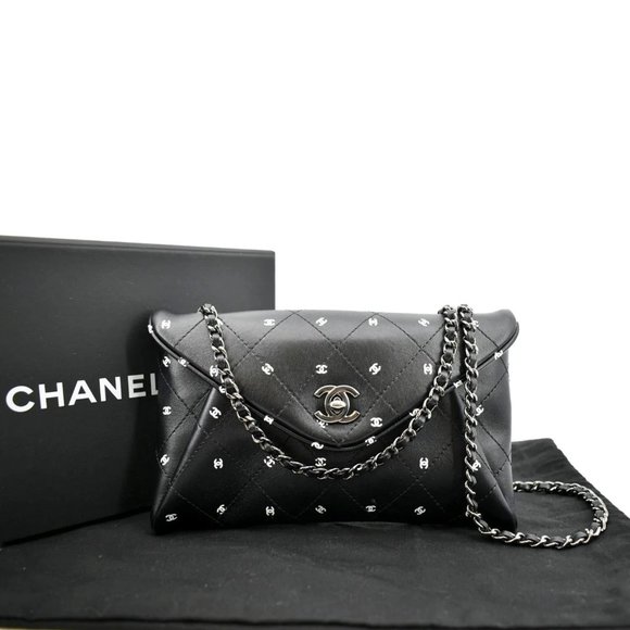 CHANEL  CC Envelope Printed Lambskin Leather Chain Clutch Bag Black - Picture 3 of 13
